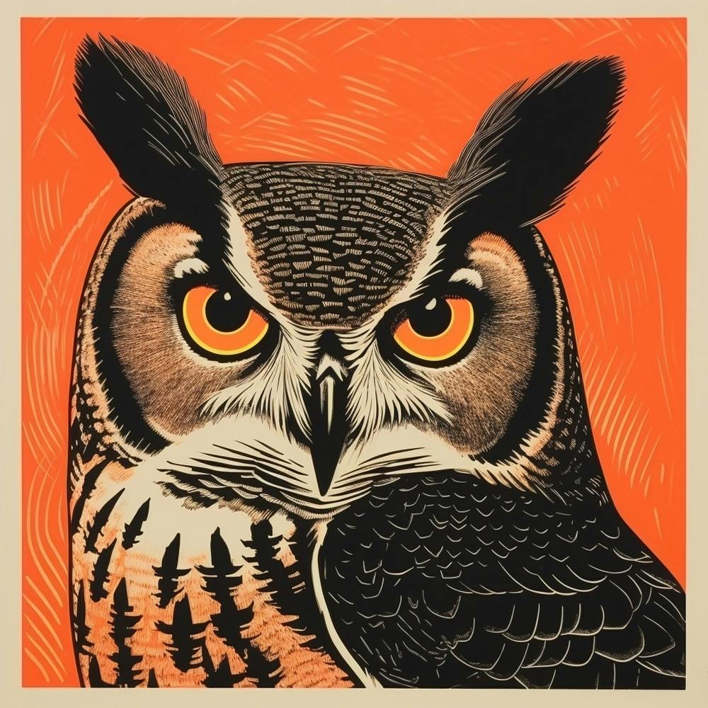 Retro Bird Lithograph Great Horned Owl 2
