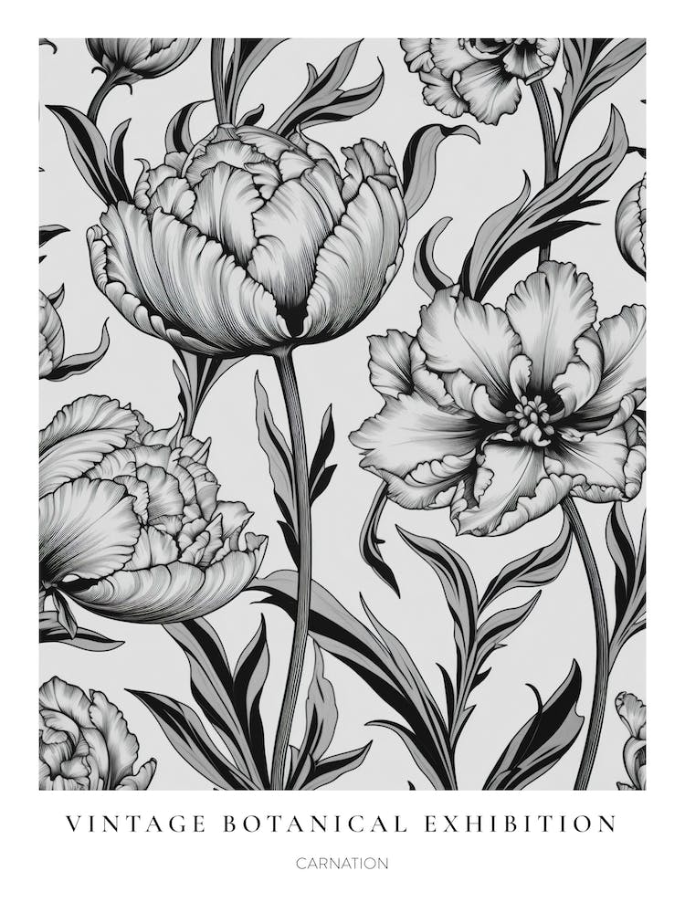 Carnation B&W Vintage Botanical Poster