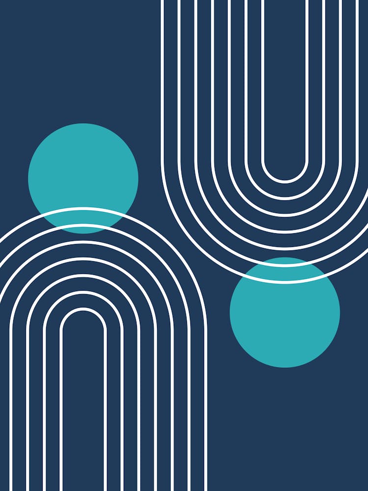 Mid Century Modern Geometric C29 In Teal Navy Blue (Rainbow And Sun Abstract) 01