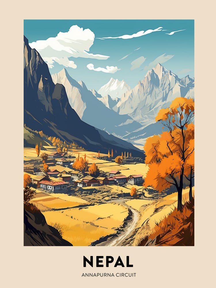 Annapurna Circuit Nepal 1 Vintage Hiking Travel Poster