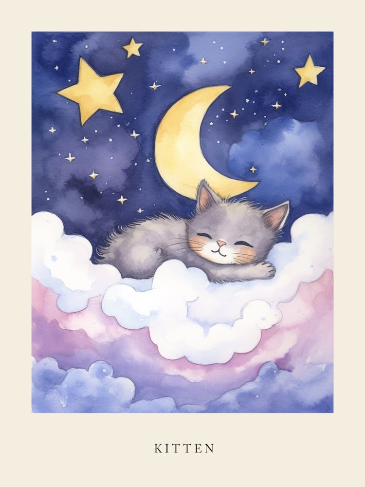 Baby Kitten 9 Sleeping In The Clouds Nursery Poster