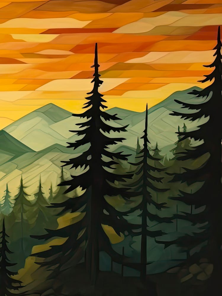 Green Sun Forest Mountain Painting Triptych 3