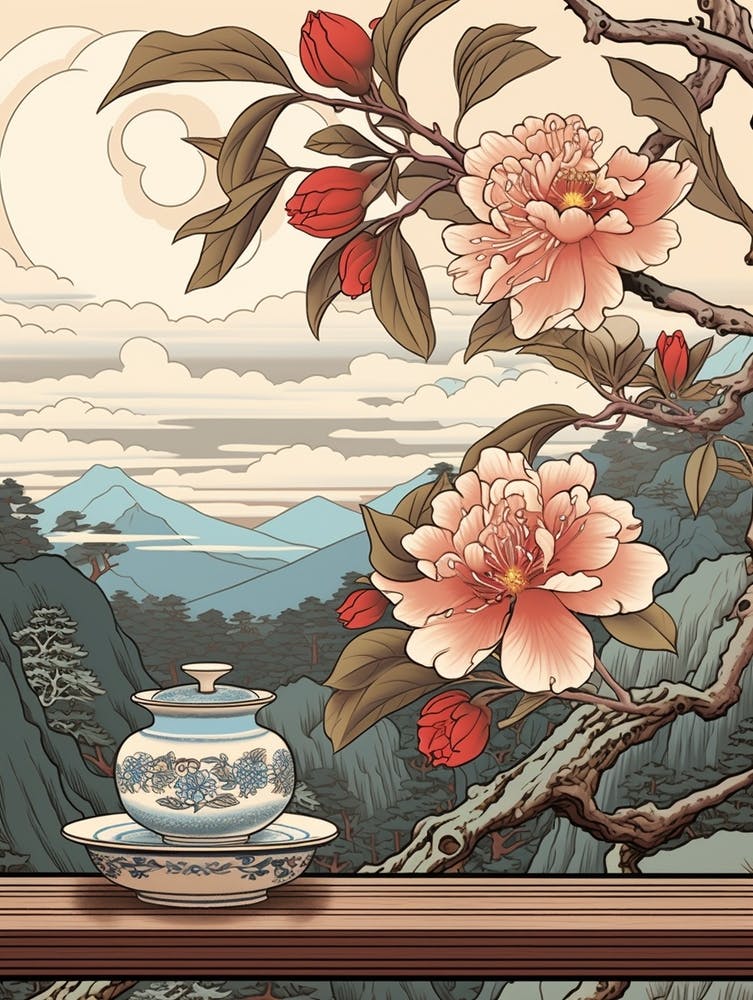 Benifuuki Japanese Tea Camellia Japanese Botanical Illustration