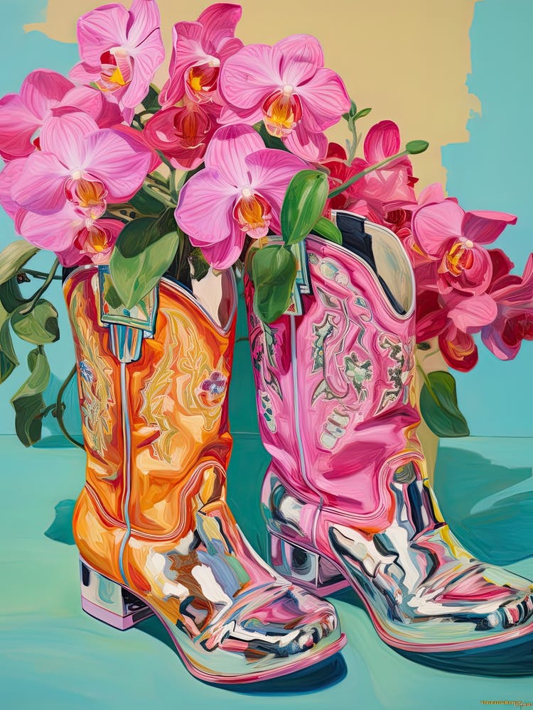 Oil Painting Of Pink And Red Flowers And Cowboy Boots, Oil Style 1