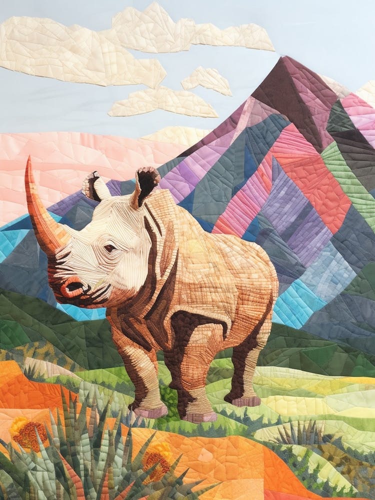 Patchwork Rhino With Mountain In The Background 2