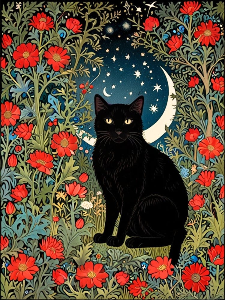 William Morris Black Cat In Flower Garden