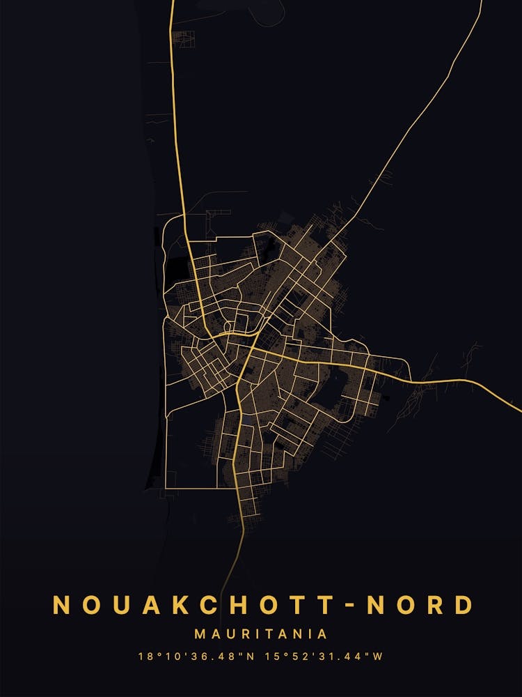 Nouakchott Nord Mauritania Black And Gold Map