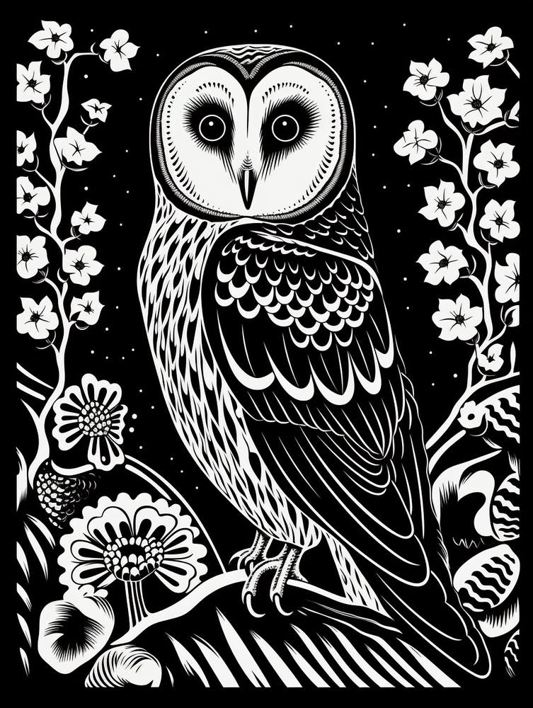 B&W Bird Linocut Barn Owl 2