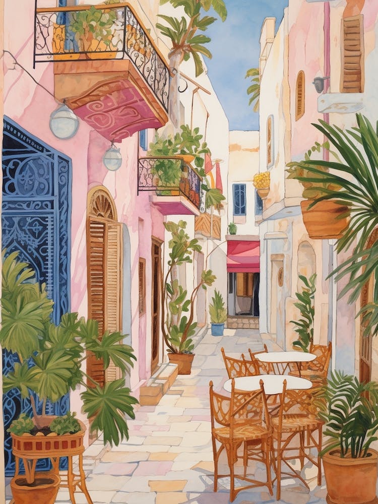 Hammamet Tunisia 2 Vintage Pink Travel Illustration