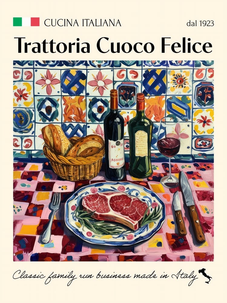 Trattoria Del Cuoco Felice Trattoria Italian Poster Food Kitchen