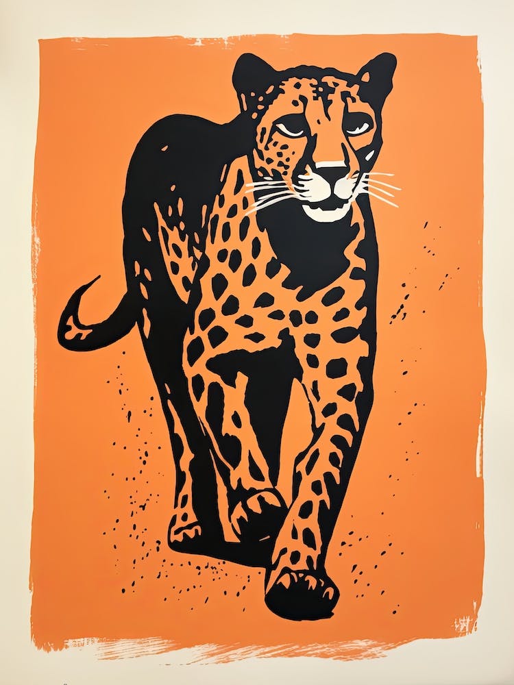 Cheetah, Woodblock Animal  Drawing 4