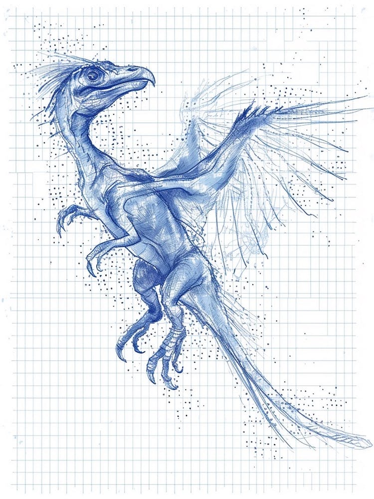 Microraptor Dinosaur Blue Print Sketch 2