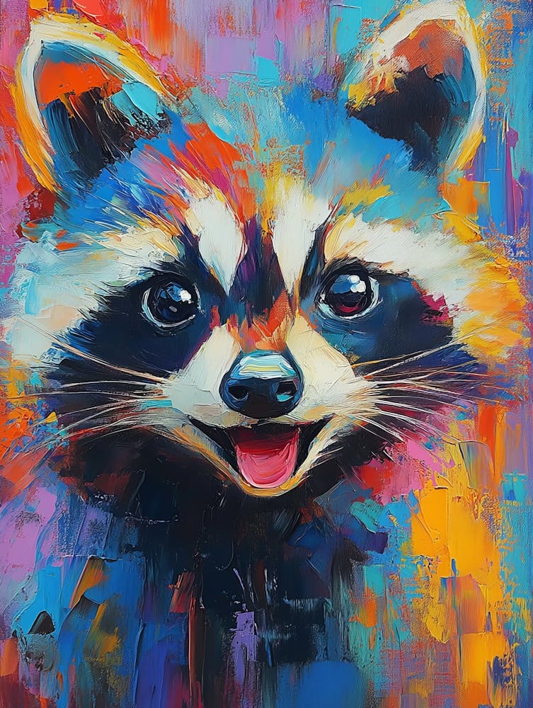 Oil Raccoon Portrait Painting In Multicolored Tones