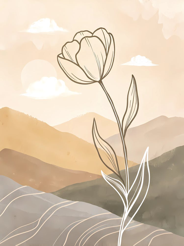 Oil Painting Style Minimalist Line Art Tulip