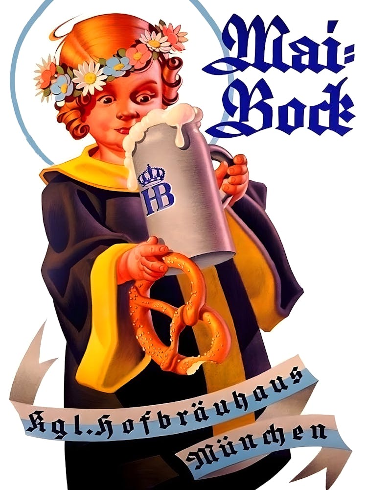 Mai Bock, Angel with German Beer, Alcohol, Vintage Poster Great For Pubs, Cafesbars, Clubs, Restaurants