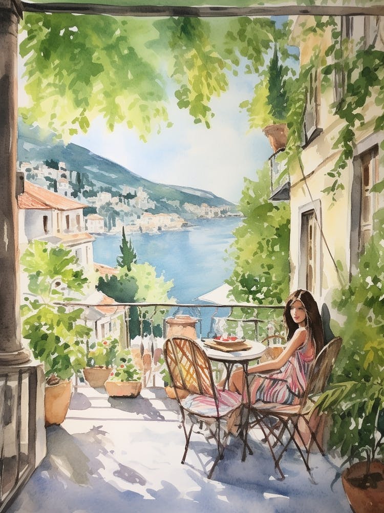 At A Cafe In Kotor Montenegro Watercolour