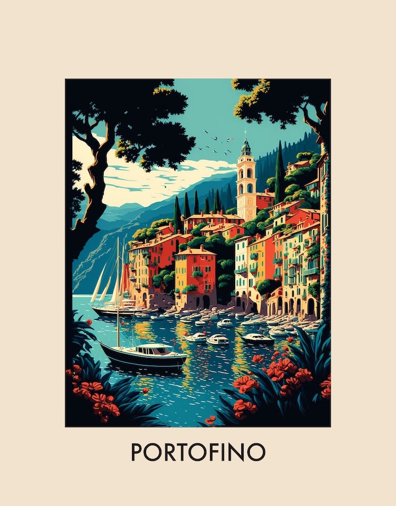 Portofino Italy 5 Vintage Travel Poster