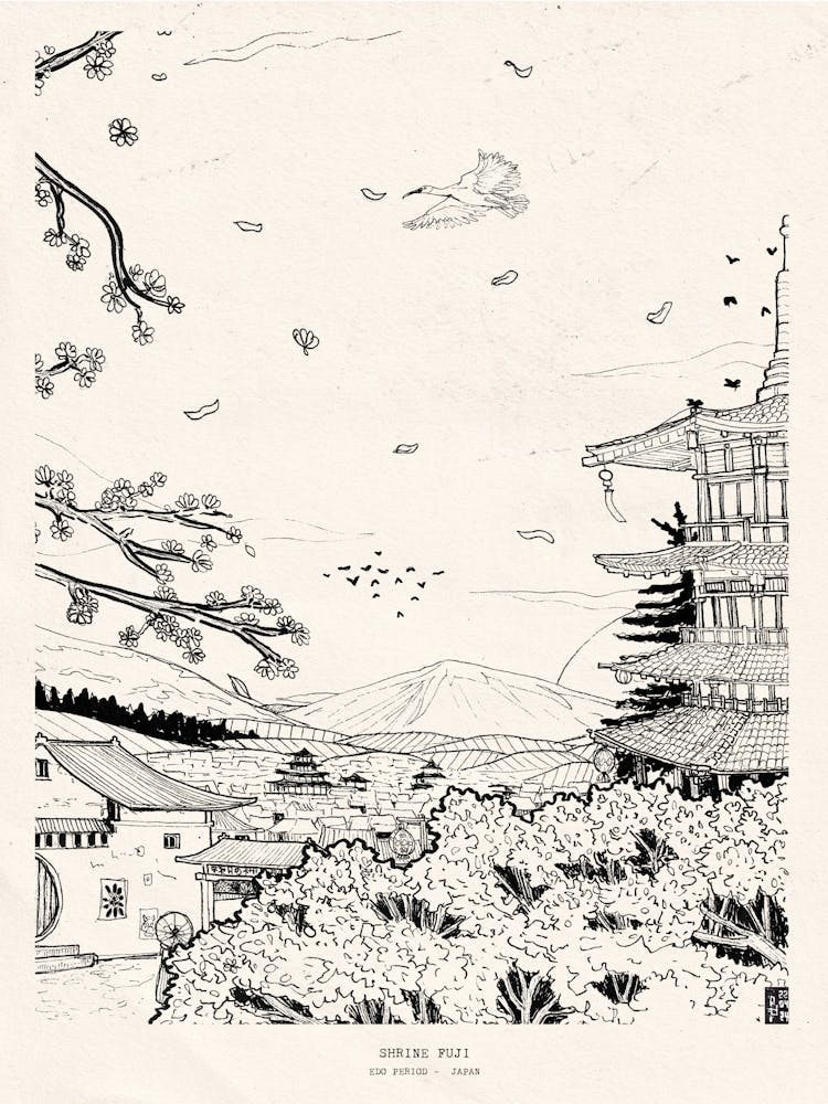 Shinto Shrine Fuji, Edo Period Japan Pen Ink Drawing