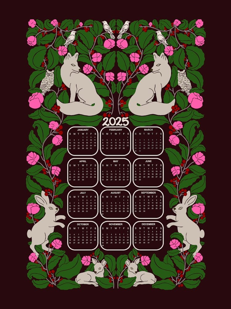 Woodland Wonder 2025 Calendar Maroon and Bright Pink