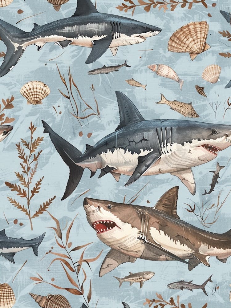 Pastel Blue Great White Shark Watercolour Seascape 4