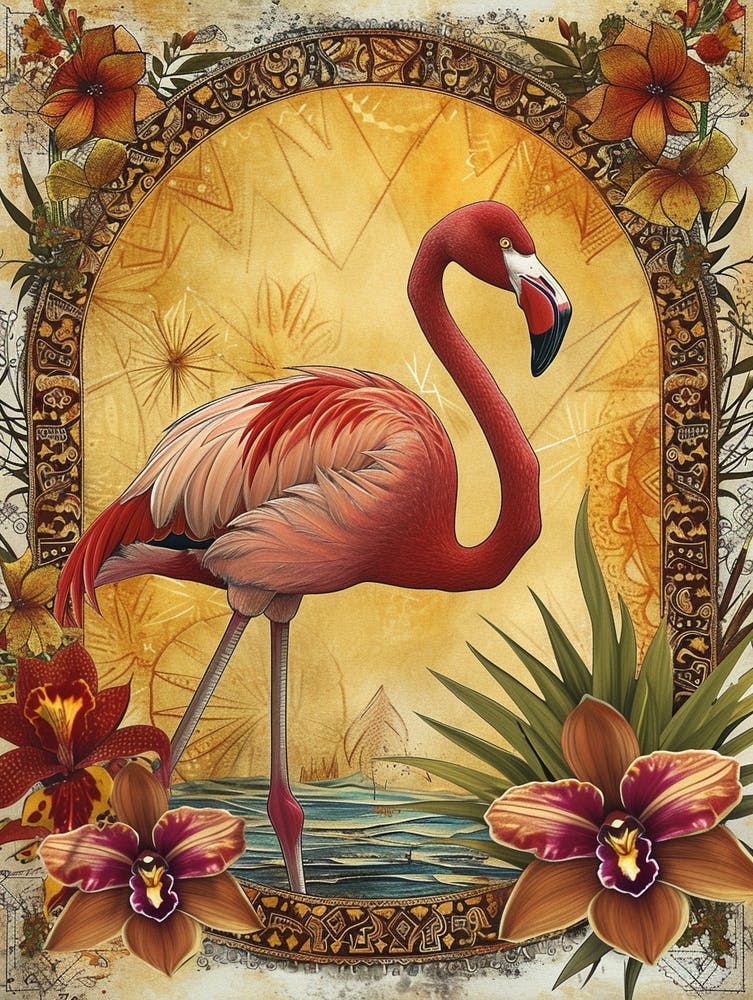 Greater Flamingo And Orchids Boho Print 4