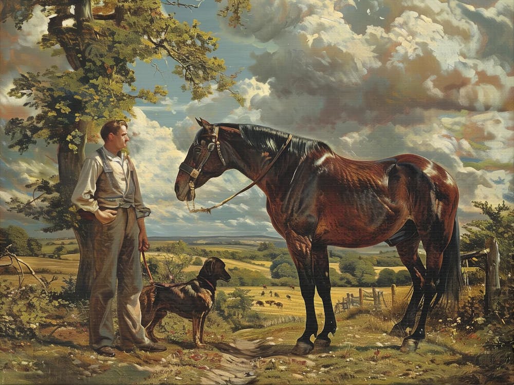 The Country Man And His Horse, Canvas Print, Rustic Farmhouse Decor, Country Living Room Wall, Farm Painting, Country Gift