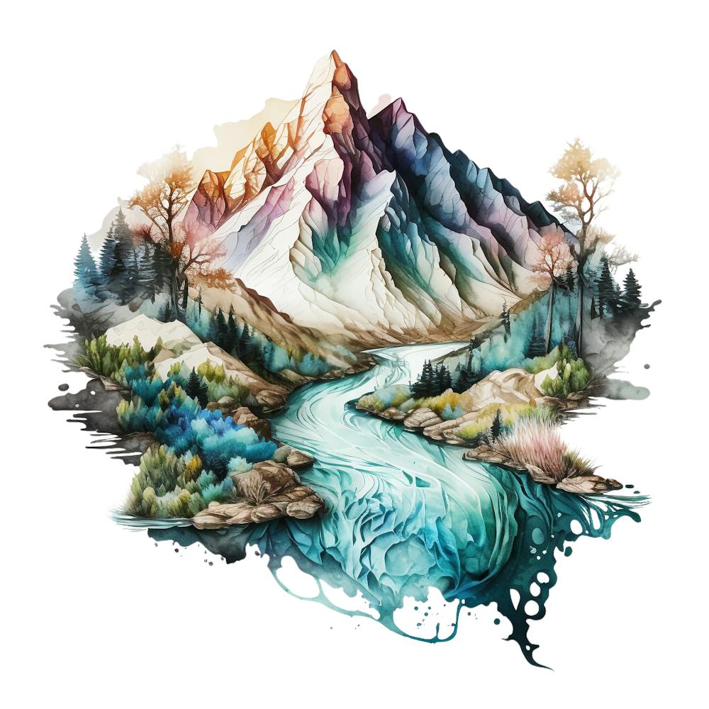 Watercolor Mountains And River 2