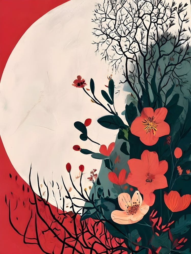 Rote Blumen vor dem Mond