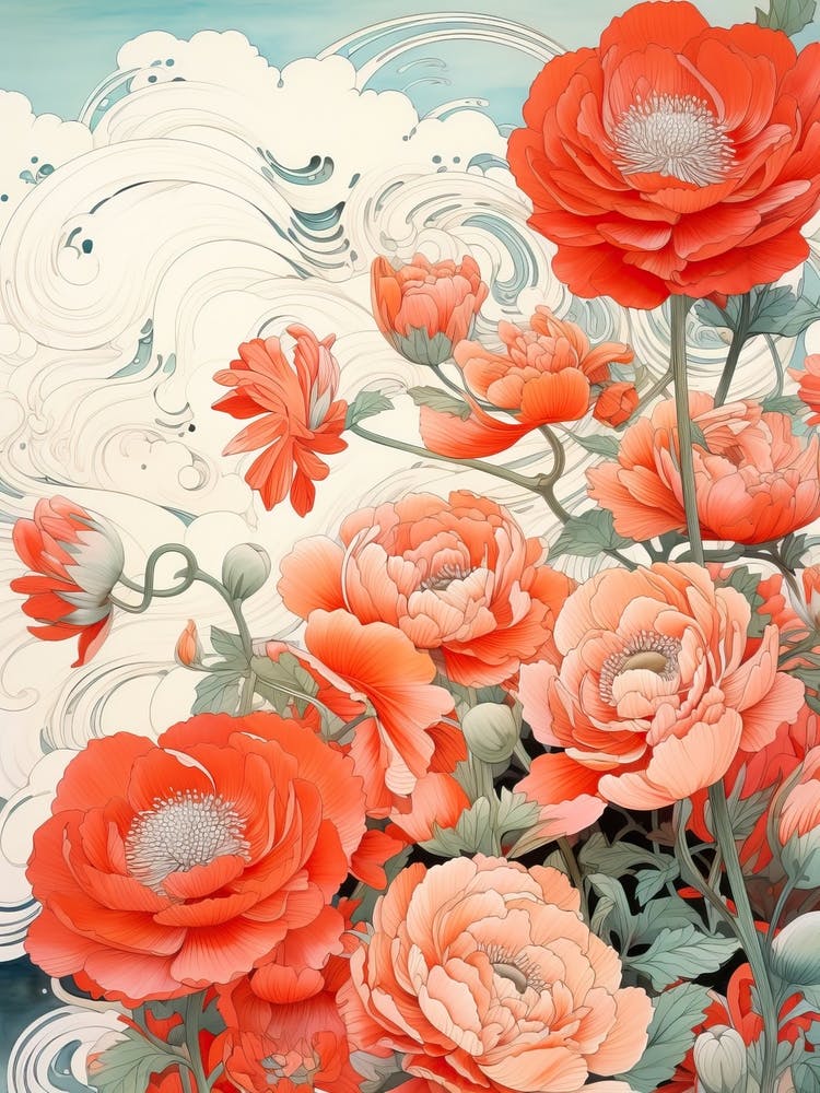 Great Wave With Ranunculus Flower Drawing In The Style Of Ukiyo E 2