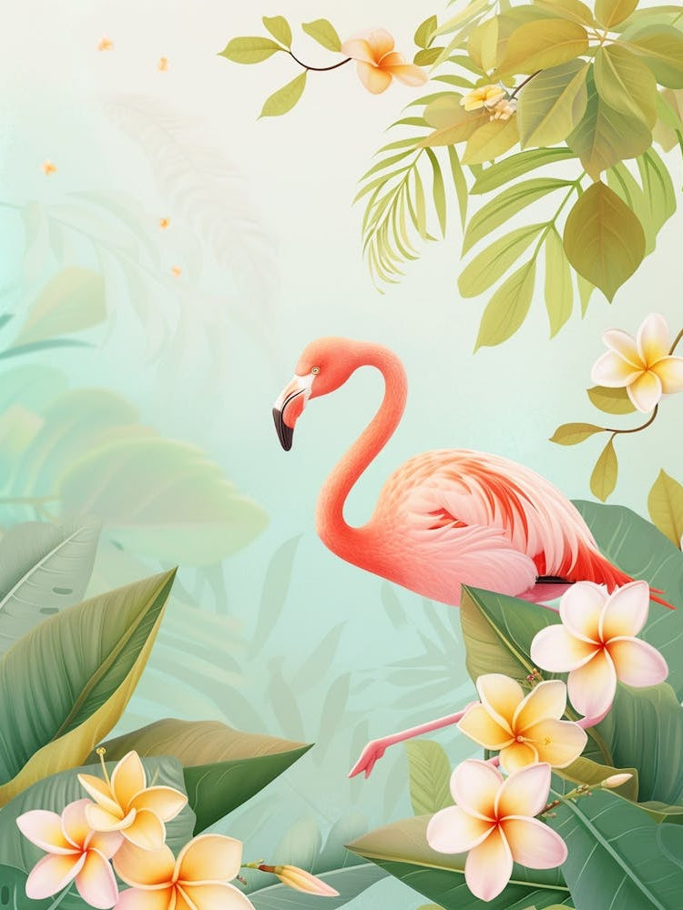 Lesser Flamingo And Frangipani Minimalist Illustration 3
