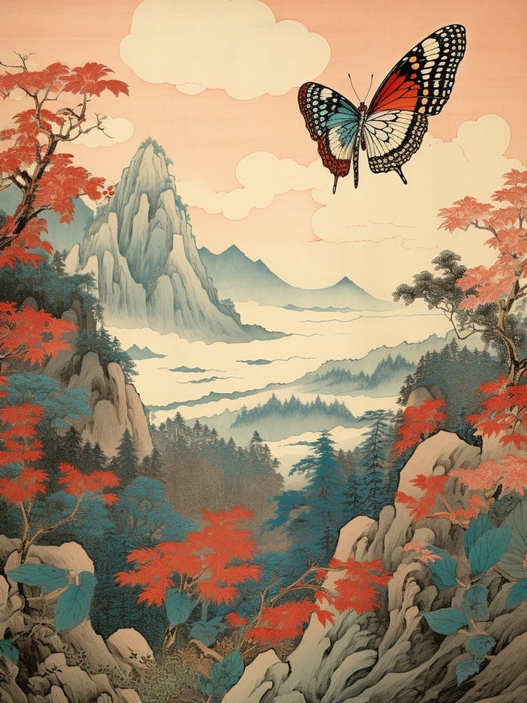 Butterfly With Mountaneous Landscape Japanese Style Painting 4