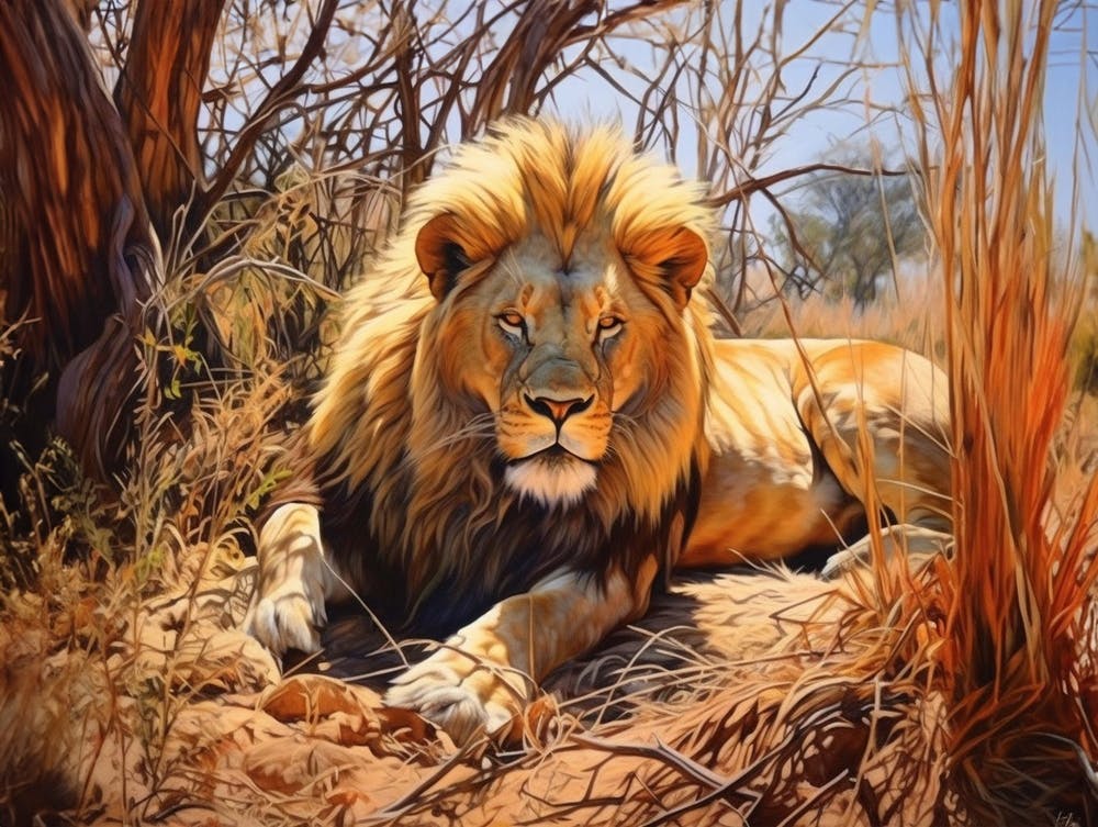 African Lion Resting Realism Painting 4