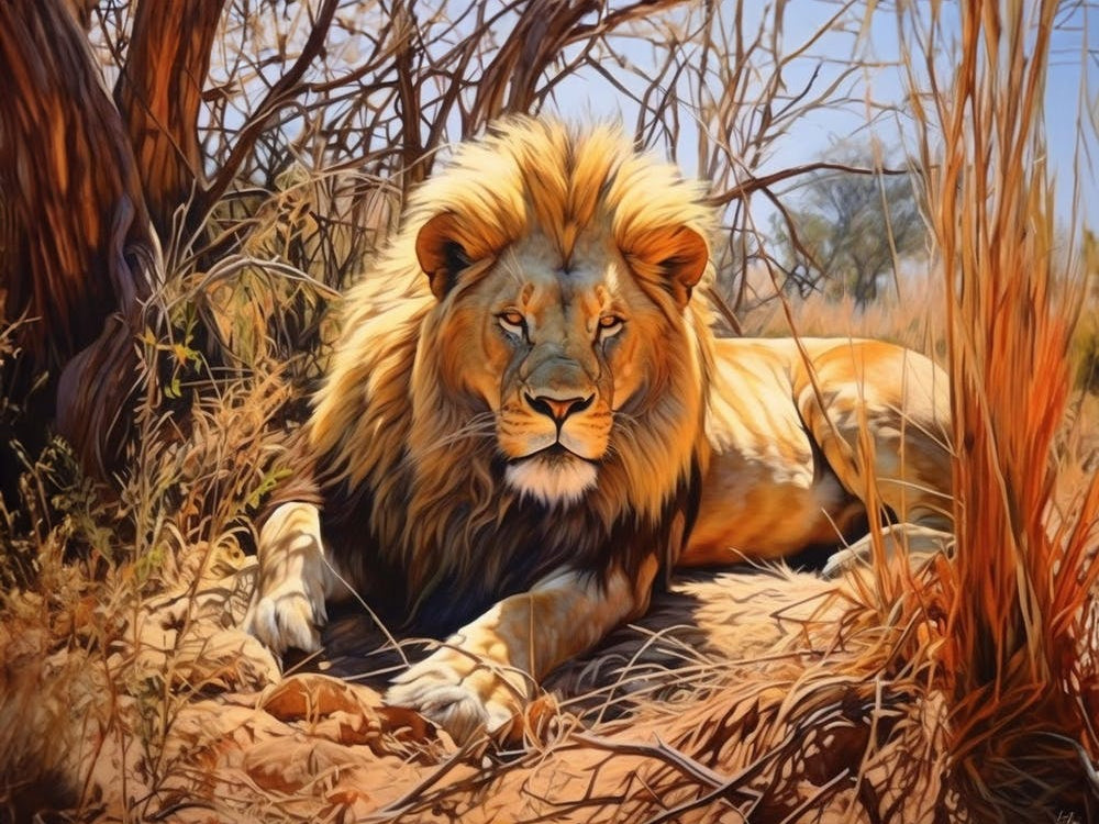 African Lion Resting Realism Painting 4