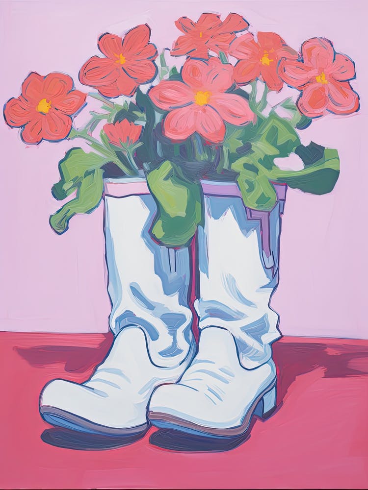 A Painting Of Cowboy Boots With Pink Flowers, Fauvist Style, Still Life 4