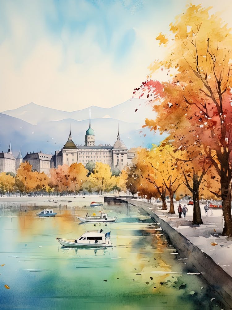 Geneva Switzerland In Autumn Fall, Watercolour 4