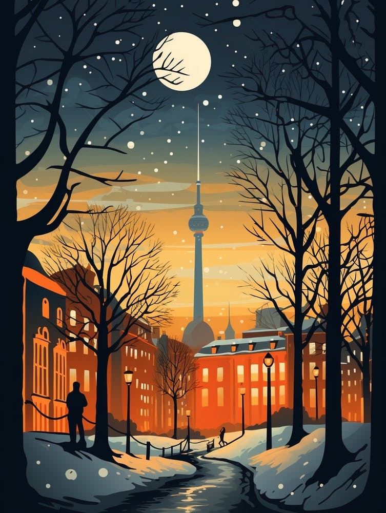 Winter Travel Night Illustration Berlin Germany 1