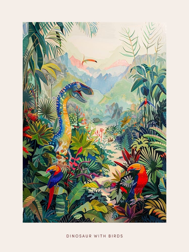 Dinosaur With Wild Birds Colourful Poster