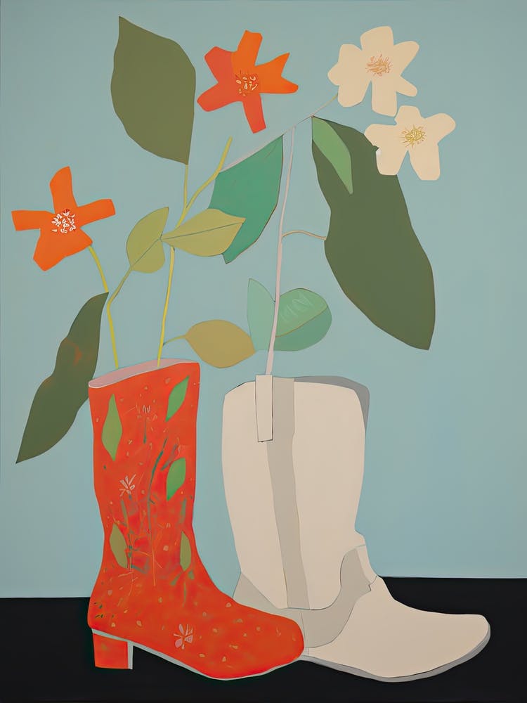 A Painting Of Cowboy Boots With Red Flowers, Pop Art Style 3