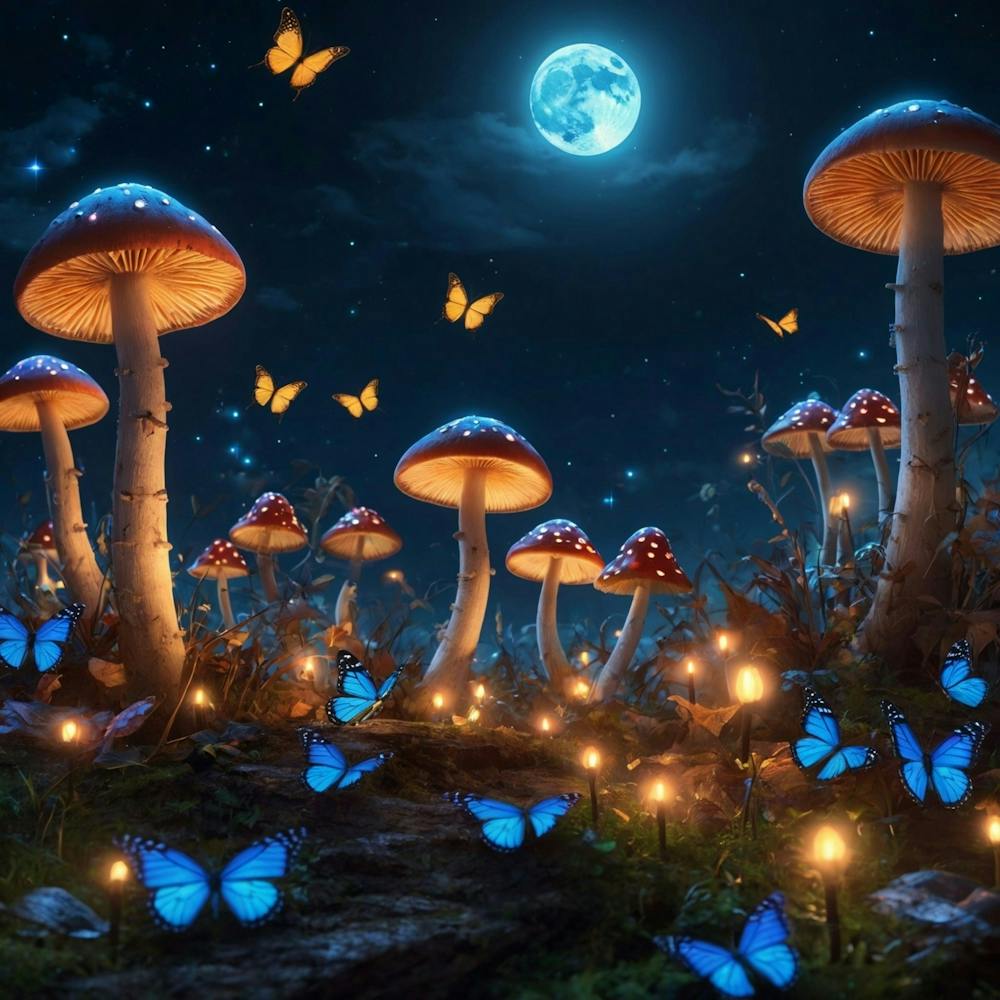 Champignons Et Papillons Sous la Lune Bleue