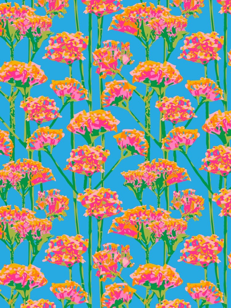SUNSHINE-Y Abstract Floral Summer Bright Botanical in Fuchsia Pink Green Orange on Sky Blue