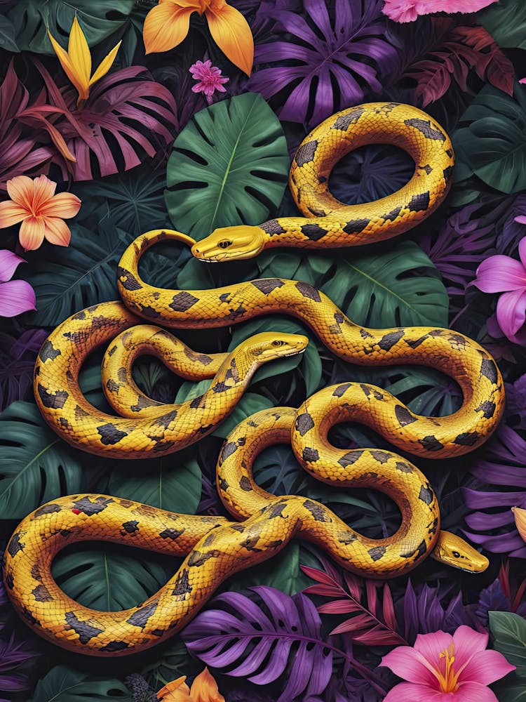 Tropical golden snakes and flowers in jungle - Chinese New Year 2025, seamless floral poster 1