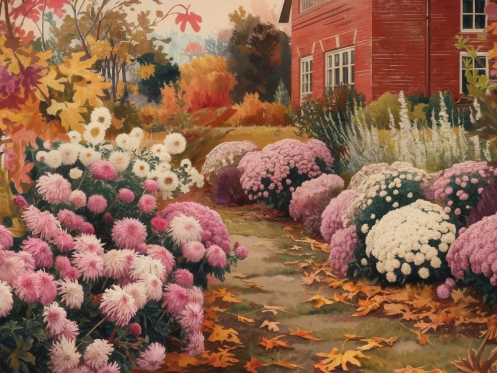 Autumn Estate Garden - Lush Pink & White Mums Landscape