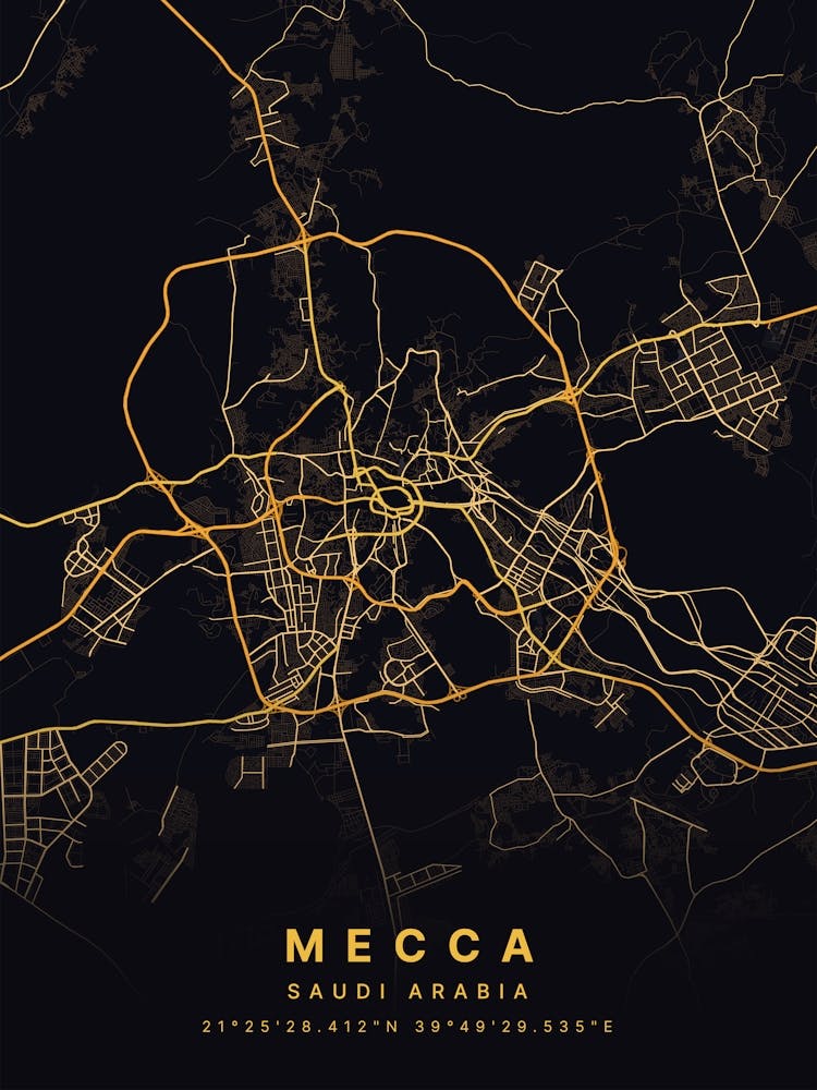 Mecca Saudi Arabia Black And Gold Map