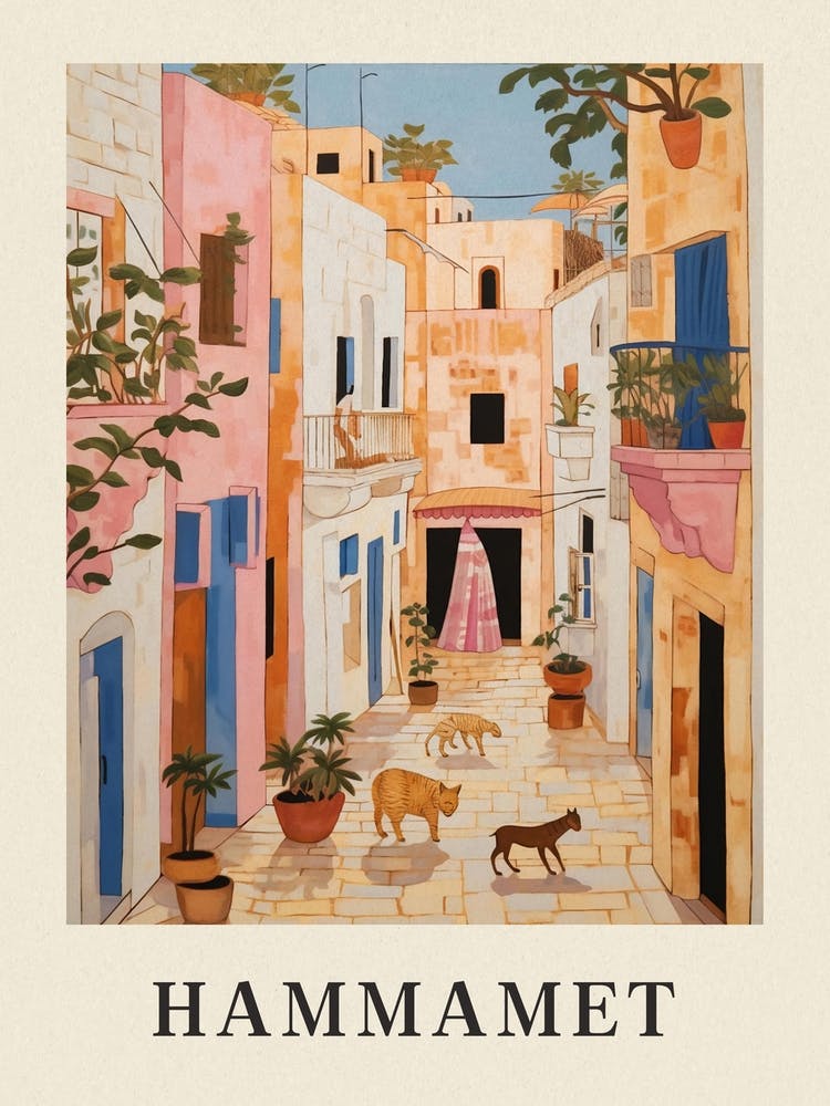 Hammamet Tunisia 3 Vintage Pink Travel Illustration Poster