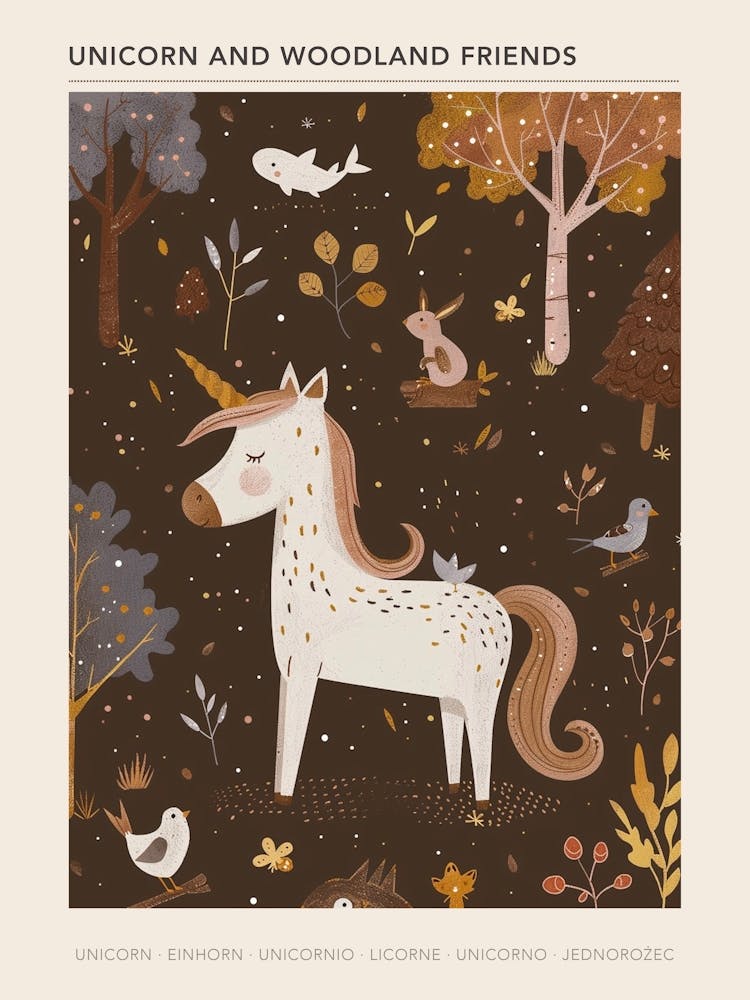 Unicorn In The Meadow With Abstract Woodland Animals 4 Poster