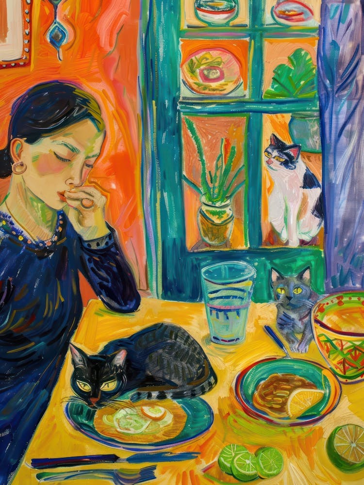 Portrait Of A Girl With Cats Eating Tacos 1