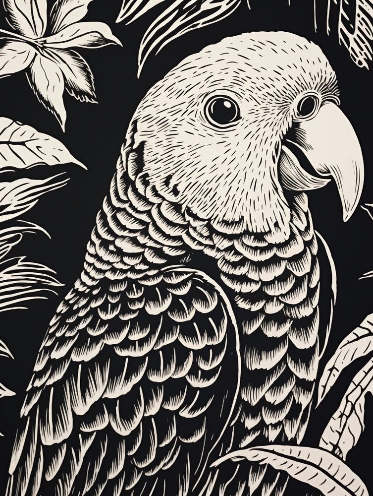B&W Bird Linocut Parrot 2