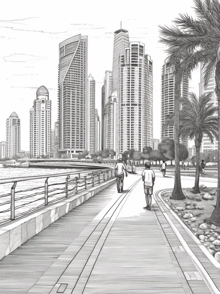 View Of Dubai, United Arab Emirates Line Art Black And White 2
