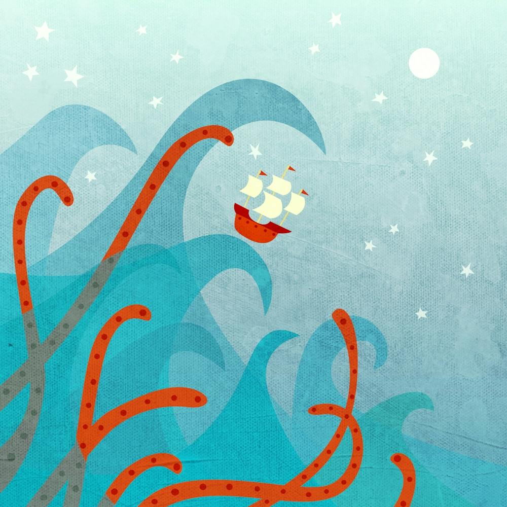 Sailing Boat and Sea Monster