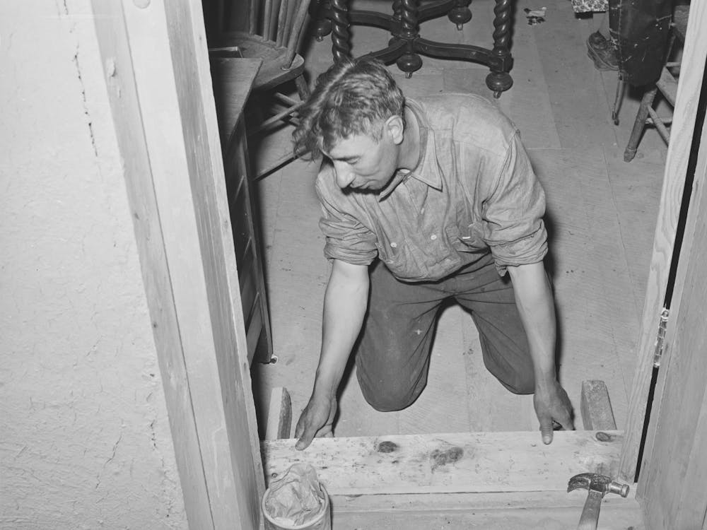 Spanish American Farmer Fitting Floor Step Into Place, Amalia, New Mexico, The Spanish Americans Are Adept In